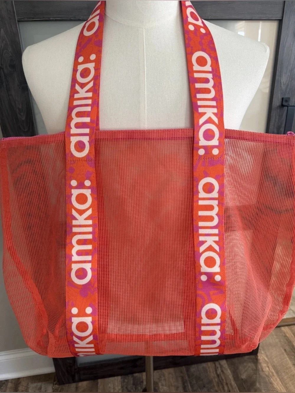 amika Orange Mesh Tote with Pink-Orange Branded Straps